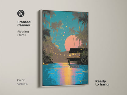 Framed canvas with a white floating frame featuring retro tropical art. Palm trees and a beach hut under the night sky create a boho coastal vibe. Ready to hang this teal and pink art is perfect for adding a touch of wanderlust.