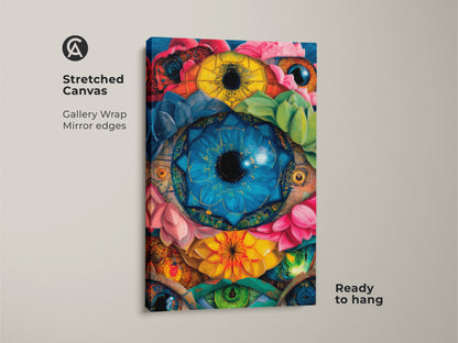 A stretched canvas print featuring surreal eye botanical artwork. The gallery wrap with mirrored edges enhances its vibrant colors. Blue yellow emerald green create a psychedelic effect. This lotus succulent canvas is ready to hang making it an ideal eclectic home decor print.
