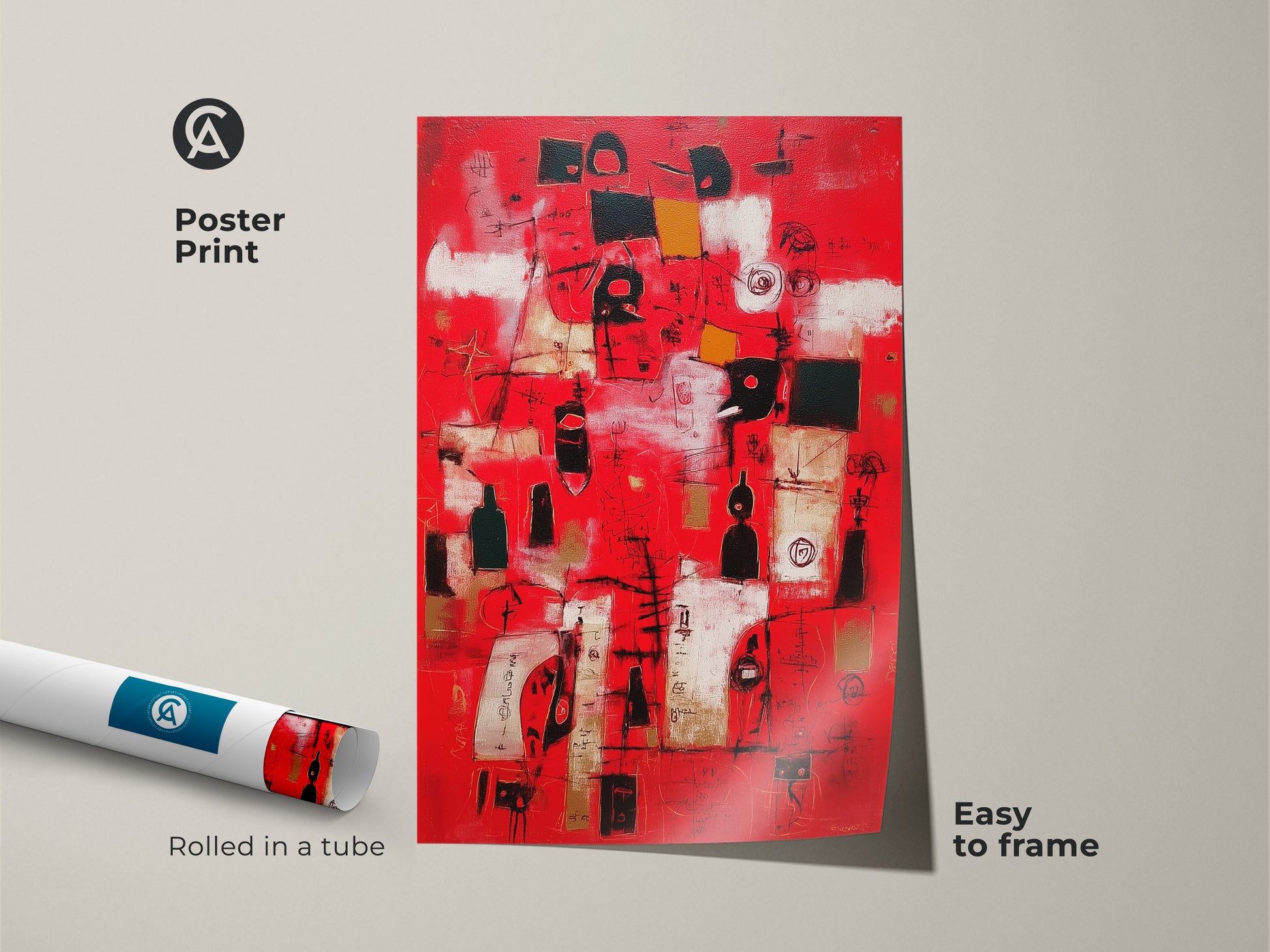 Poster print of abstract art. This modern art is rolled in a tube for protection. The red abstract is easy to frame. This print adds a pop of color to any space. Great for art lovers seeking affordable options.