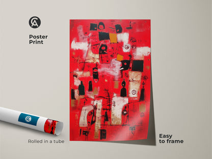 Poster print of abstract art. This modern art is rolled in a tube for protection. The red abstract is easy to frame. This print adds a pop of color to any space. Great for art lovers seeking affordable options.