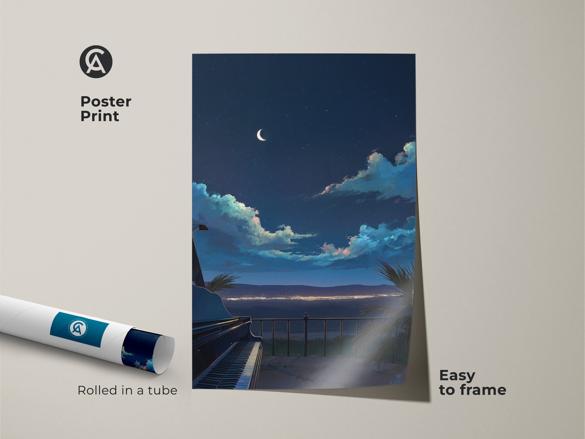 Poster print of a dreamy landscape featuring a grand piano and night sky. The crescent moon balcony art is easy to frame. This musician gift idea art is rolled in a tube.