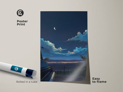 Poster print of a dreamy landscape featuring a grand piano and night sky. The crescent moon balcony art is easy to frame. This musician gift idea art is rolled in a tube.