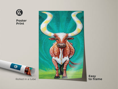 Poster print featuring expressive longhorn cattle art. Easy to frame this orange teal farmhouse print brings an eclectic ranch vibe to any wall. Perfect for creating a western animal canvas artwork gallery wall or as a unique housewarming gift with its bold and vibrant presence.
