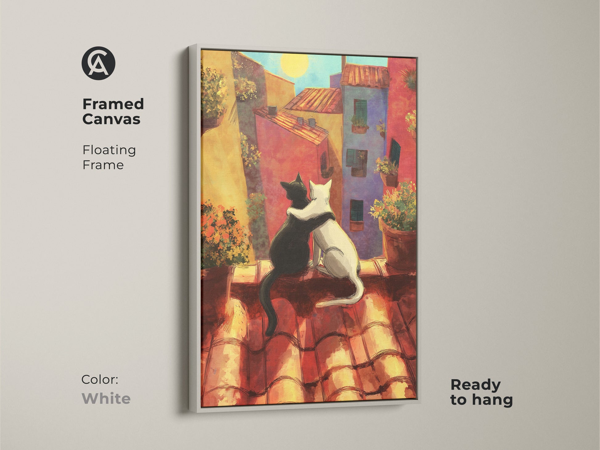 Framed cat couple canvas with a white floating frame. A romantic animal print featuring cats embracing. Colorful cityscape artwork. Perfect for adding a bohemian touch. Ready to hang.