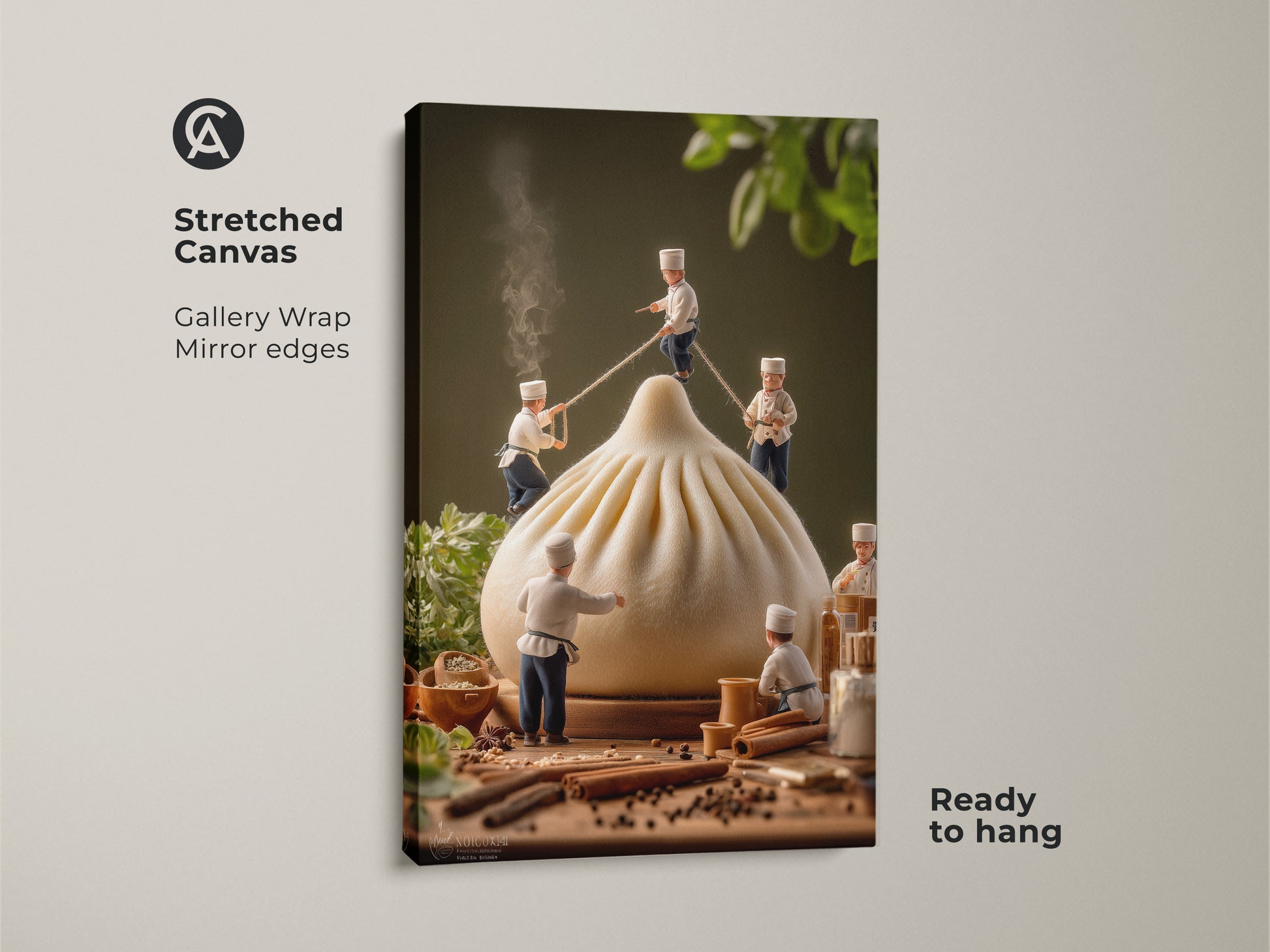 Stretched canvas art showing miniature chefs and a dumpling. This gallery-wrapped art comes ready to hang. Mirror edges add to the artwork's appeal. It features a food theme with chefs working on the dumpling. The canvas art would be great in a kitchen. It is a fun conversation starter.