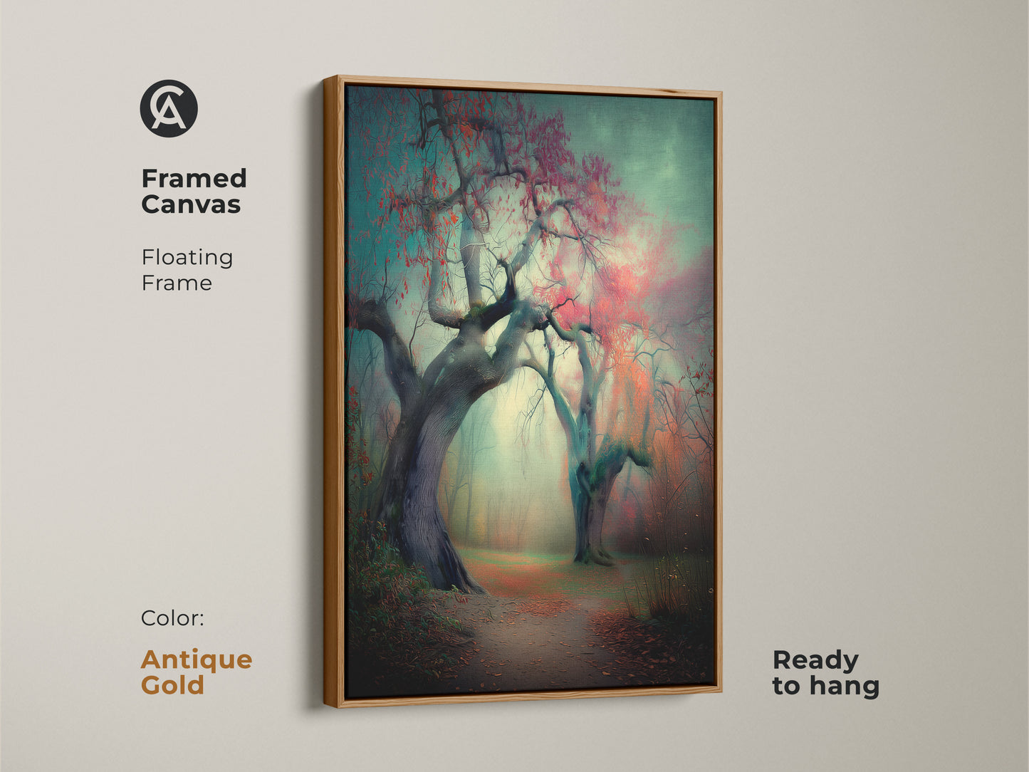 Framed canvas art with a floating frame in antique gold. The artwork shows a misty forest path. This piece is ready to hang. The antique gold frame adds a touch of elegance to the nature inspired artwork.