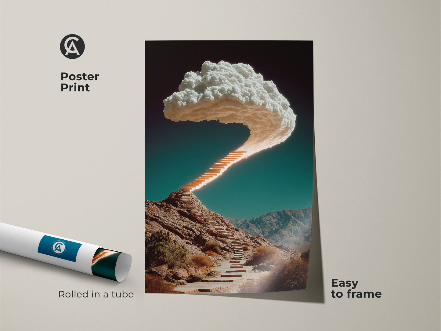 Poster print featuring a surreal stairway and cloudscape. This orange teal landscape art is easy to frame. The rolled canvas print is a dreamer's bedroom decor. This unique home office art inspires.