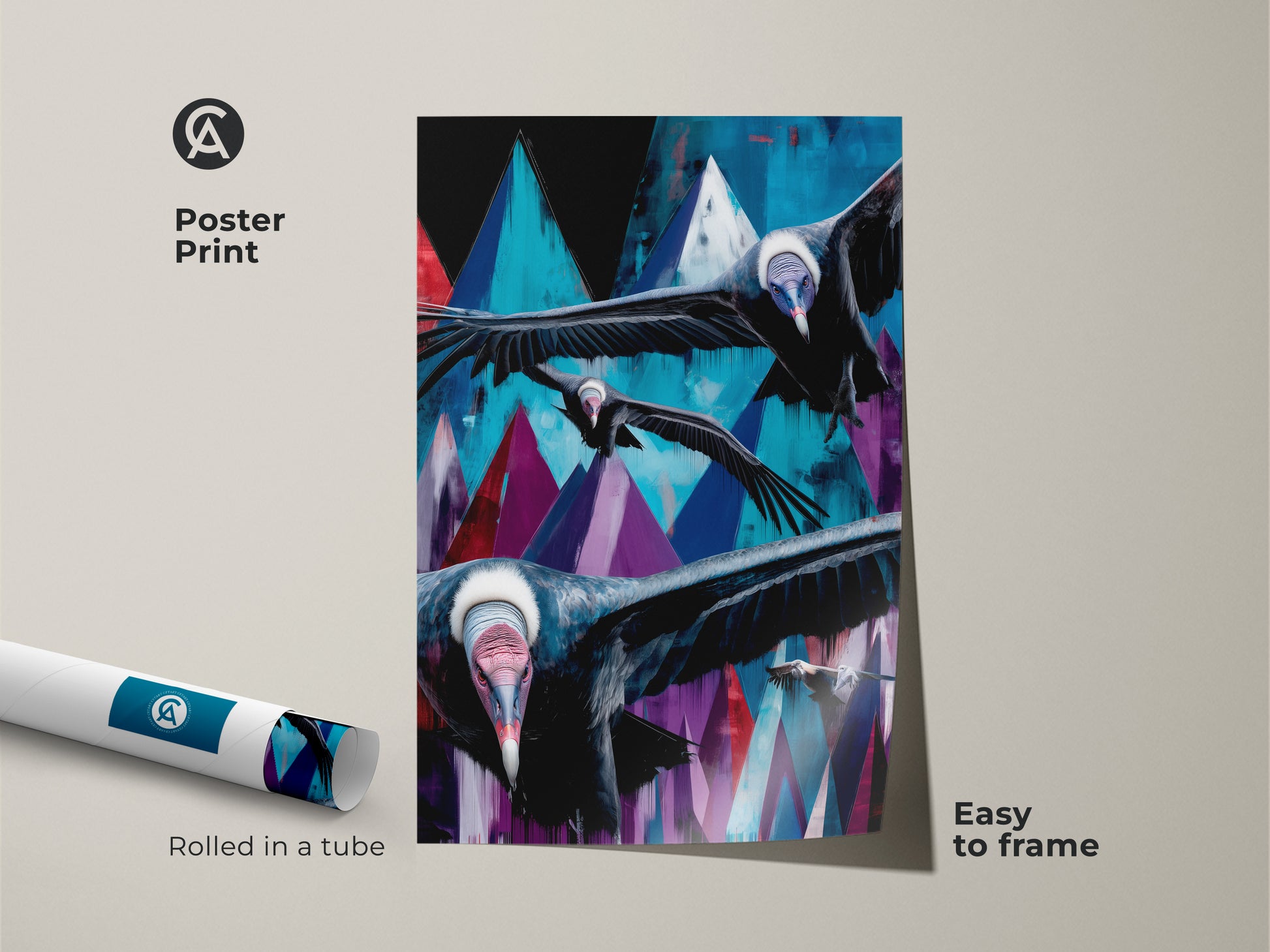 Poster print featuring abstract vultures. The birds fly over geometric mountains in teal blue and purple hues. This eclectic home decor gift is easy to frame. The print is rolled in a tube for protection.