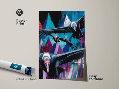Poster print featuring abstract vultures. The birds fly over geometric mountains in teal blue and purple hues. This eclectic home decor gift is easy to frame. The print is rolled in a tube for protection.