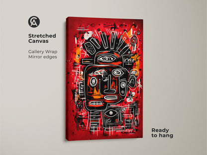 A stretched canvas artwork with gallery wrapped edges. The artwork has a red background and an abstract face. The face has black white and orange details. It is ready to hang. Buy now