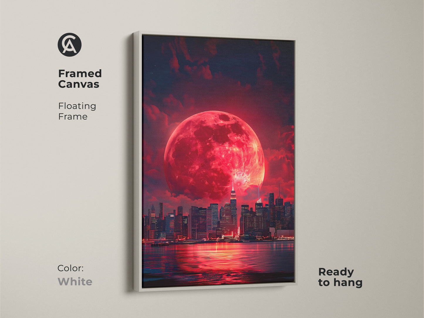 Framed canvas featuring a surreal cityscape under a crimson moon. This fantasy skyline artwork has a floating frame in white. Ready to hang this urban wall decor adds a dramatic touch to bedrooms living rooms or offices.