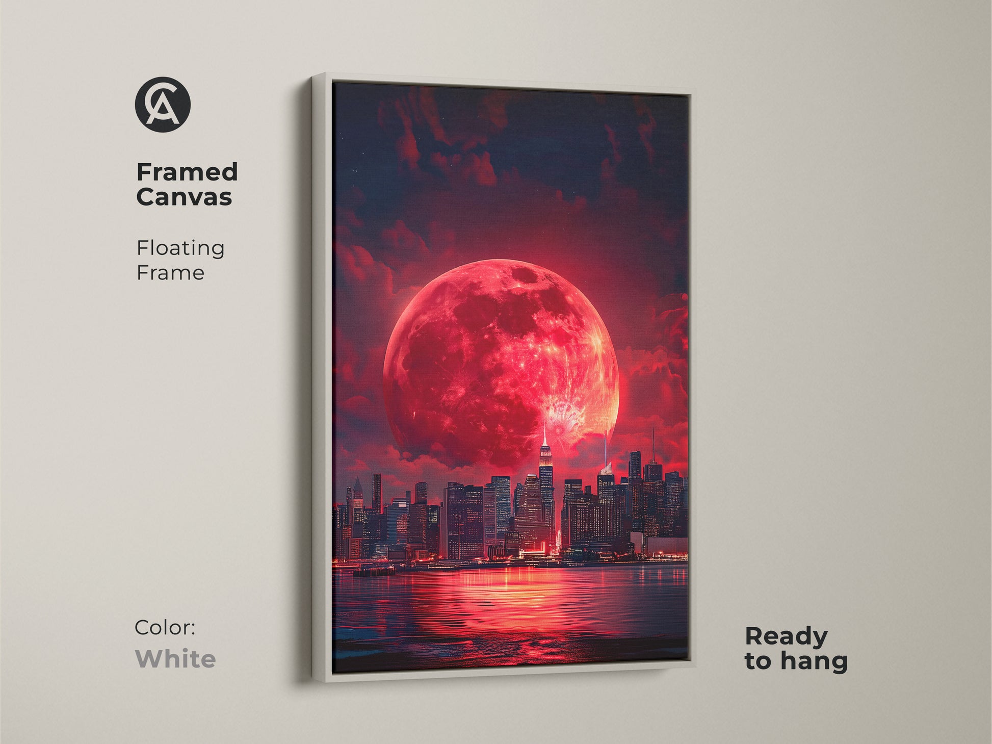Framed canvas featuring a surreal cityscape under a crimson moon. This fantasy skyline artwork has a floating frame in white. Ready to hang this urban wall decor adds a dramatic touch to bedrooms living rooms or offices.