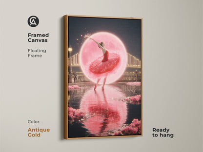 Antique gold framed canvas featuring a fantasy ballet dancer print. This romantic cityscape wall art is ready to hang. Pink ballerina canvas art adds dreamy bedroom decor. Contemporary dance art as a fine art canvas print. A magical ballerina poster.