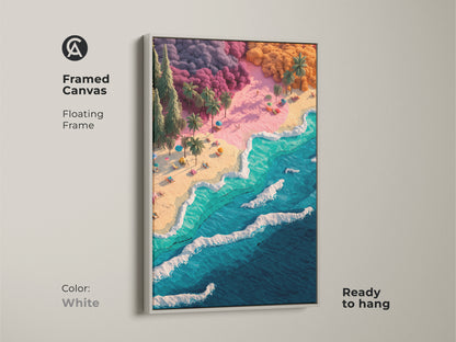 White framed canvas art featuring a beach scene. The floating frame gives a clean look to this colorful artwork. The beach has turquoise waves. Palm trees and beach umbrellas dot the sand. Ready to hang.