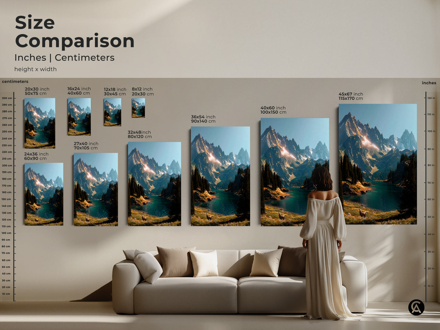 Size comparison of mountain lake artwork in inches and centimeters. See canvas and poster prints ranging from 16x24 to 45x67 inches. Visualize the artwork above a couch for scale. Choose the perfect size for your living room.