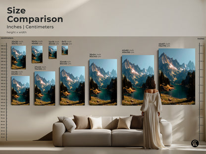 Size comparison of mountain lake artwork in inches and centimeters. See canvas and poster prints ranging from 16x24 to 45x67 inches. Visualize the artwork above a couch for scale. Choose the perfect size for your living room.
