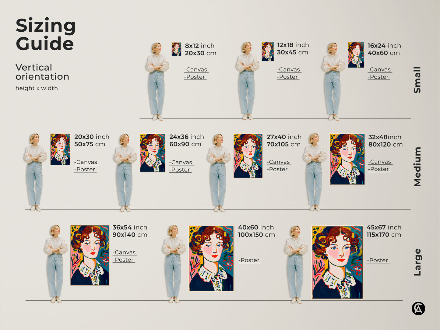 Sizing guide for vertical portrait artwork. Available as canvas or poster prints in various sizes. Find the perfect fit for your space. Choose from small medium and large options to match your wall decor needs.