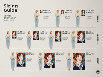Sizing guide for vertical portrait artwork. Available as canvas or poster prints in various sizes. Find the perfect fit for your space. Choose from small medium and large options to match your wall decor needs.