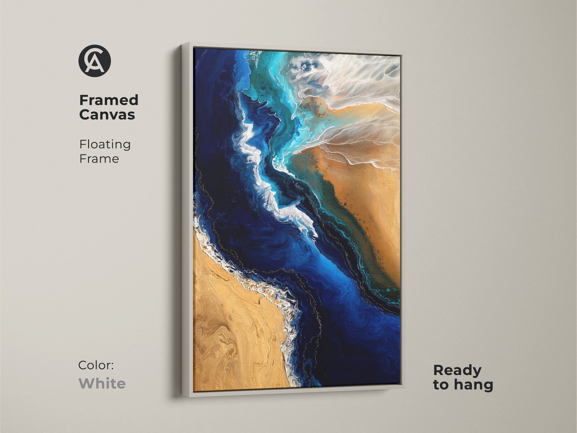 Framed canvas of abstract ocean art with a white floating frame. This modern coastal art piece features deep blue and sandy gold tones. The framed ocean print is ready to hang. The artwork brings a serene touch of the beach to any room. It's perfect for those who love ocean-inspired decor.
