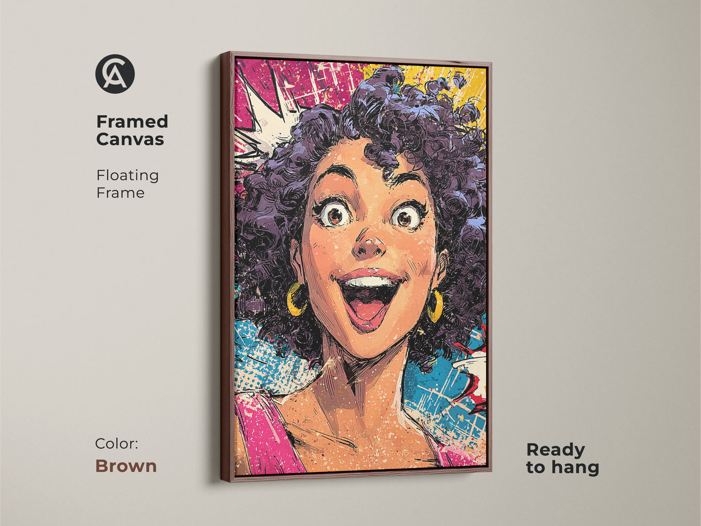 Framed canvas of a pop art woman with a brown floating frame. The artwork is ready to hang. The brown frame complements the vibrant pink yellow and blue colors. This canvas print is perfect for adding an eclectic touch to your space. The expressive portrait captures the essence of pop culture