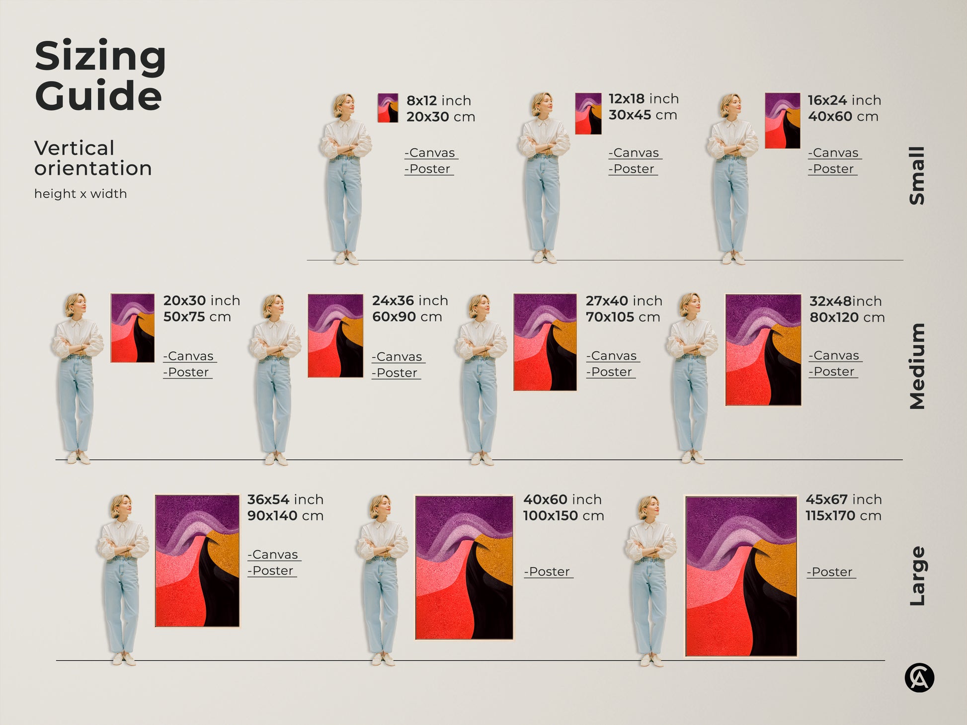 Sizing guide for vertical abstract art prints. Visualize canvas and poster sizes from small to large. Perfect for bedroom office or living room decor in purple pink red and gold tones.