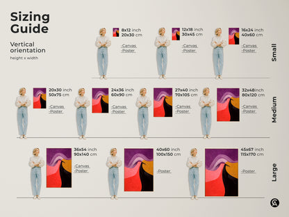 Sizing guide for vertical abstract art prints. Visualize canvas and poster sizes from small to large. Perfect for bedroom office or living room decor in purple pink red and gold tones.
