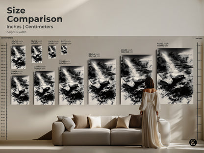 Size comparison showcasing abstract seascape artwork in various dimensions. Visualize how monochrome boat wall art fits above a sofa. This black and white ocean art brings modern minimalist wall decor to any living room. Find the perfect scale for your space. Enhance your home with contemporary abstract art.