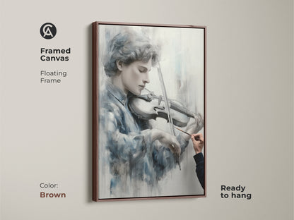 Brown framed canvas art showcasing a young violinist. The floating frame complements the artwork. Ready to hang this fine art print brings warmth to your living space. An elegant addition to any home decor. Experience the art of music.