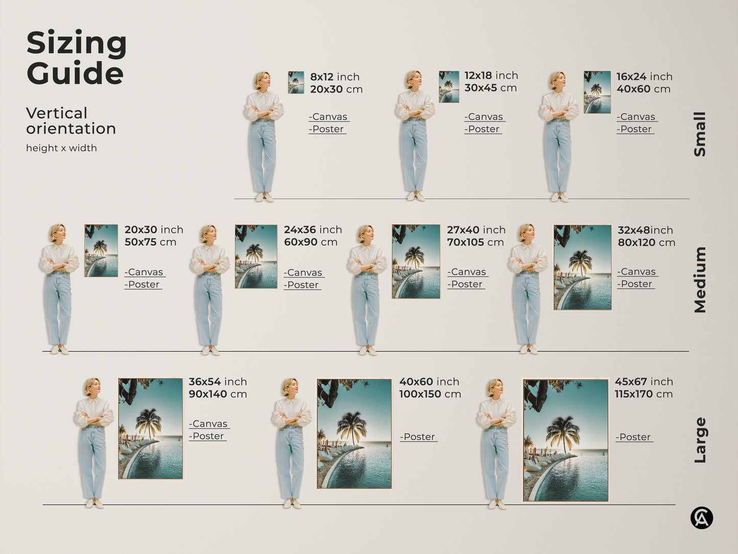 Sizing guide for tropical wall art. Vertical orientation height x width options for canvas and poster prints. Find the perfect size for your coastal decor. Ideal for adding a touch of vacation paradise to any space.