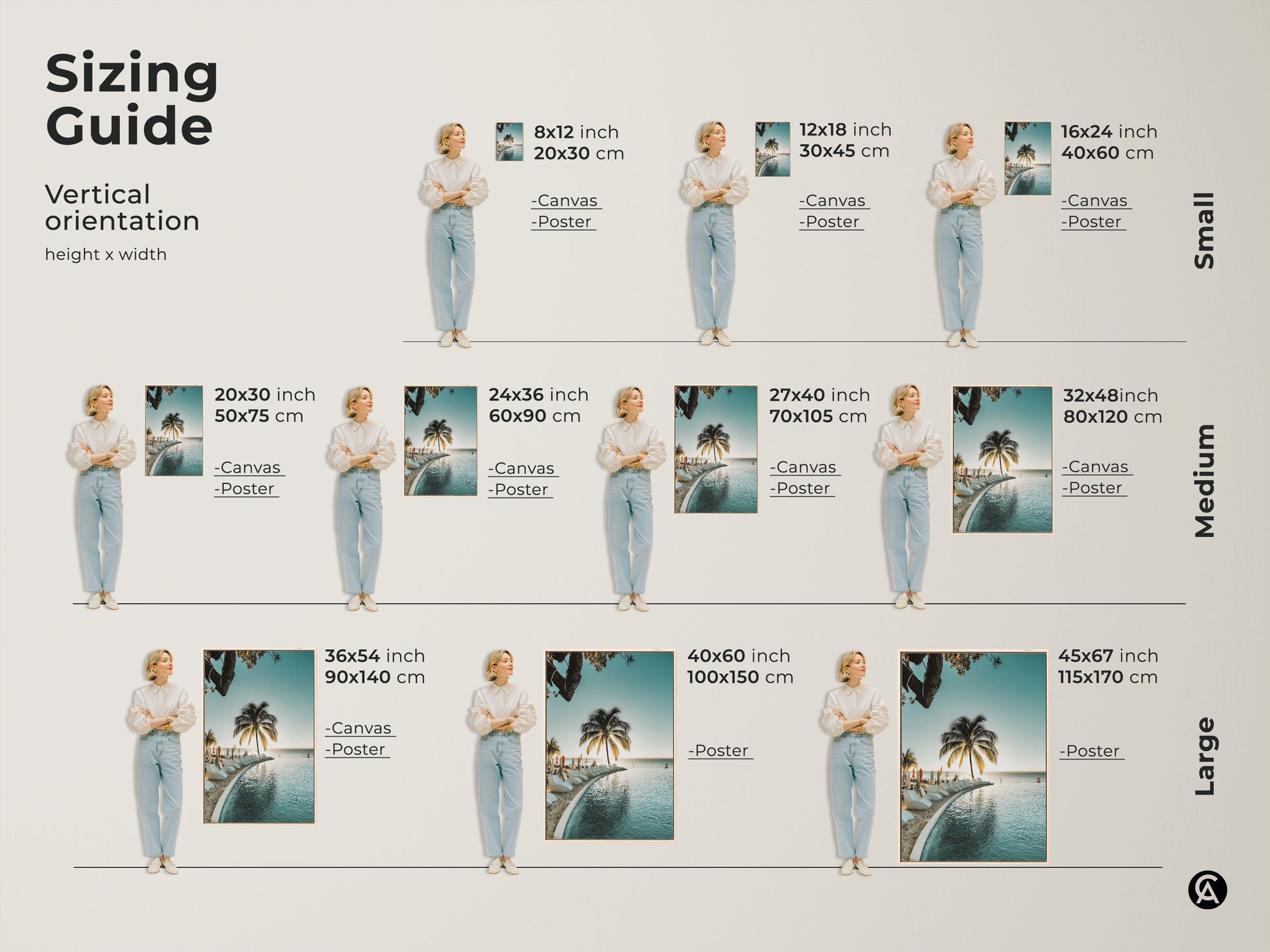 Sizing guide for tropical wall art. Vertical orientation height x width options for canvas and poster prints. Find the perfect size for your coastal decor. Ideal for adding a touch of vacation paradise to any space.