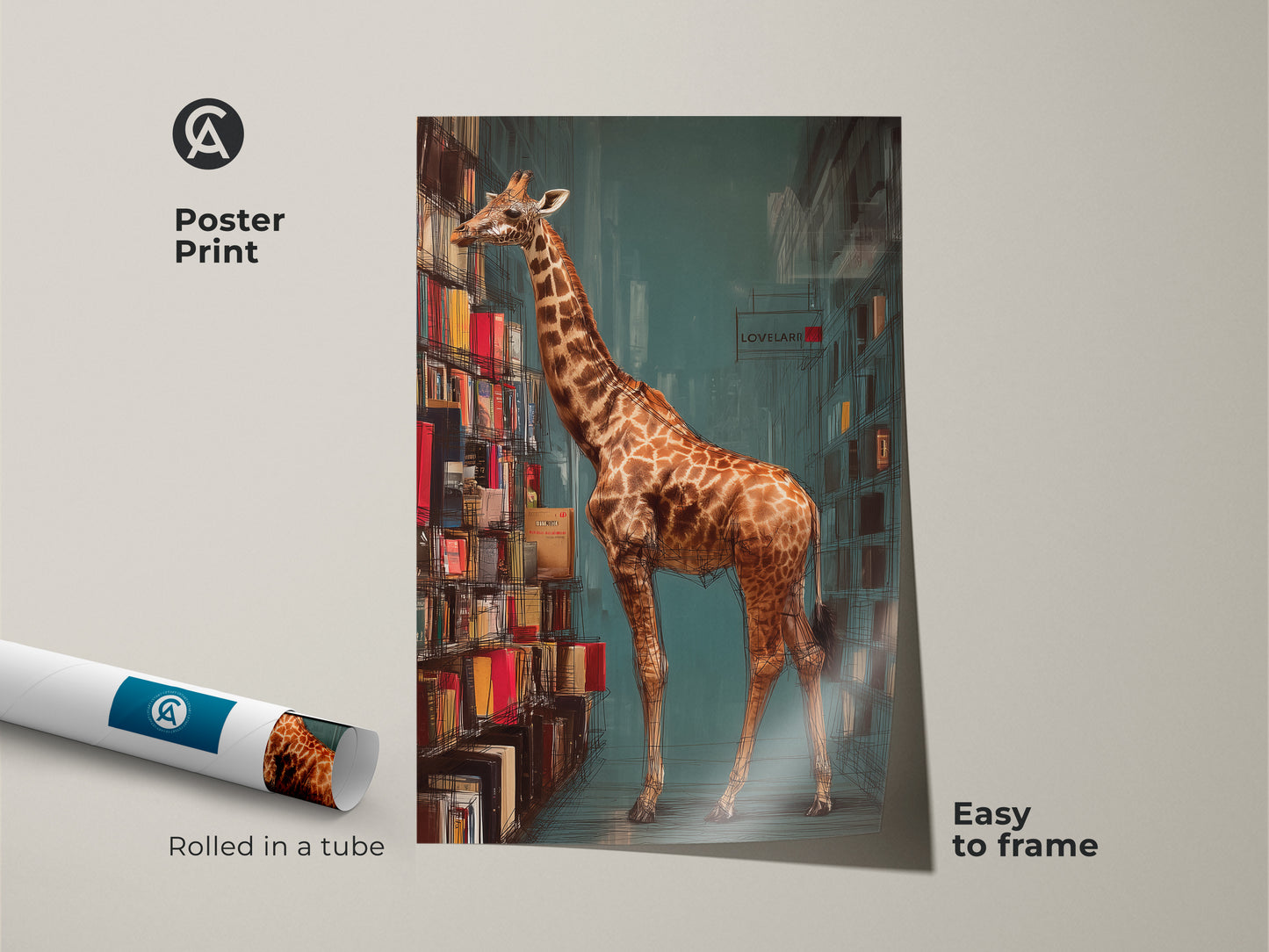 Poster print of a surreal giraffe browsing books. Rolled in a tube for easy framing this eclectic animal artwork makes a unique statement. The book lover gift features teal and orange hues ideal for study decor.