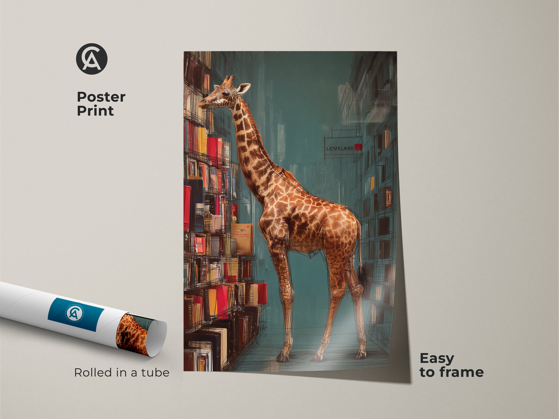 Poster print of a surreal giraffe browsing books. Rolled in a tube for easy framing this eclectic animal artwork makes a unique statement. The book lover gift features teal and orange hues ideal for study decor.