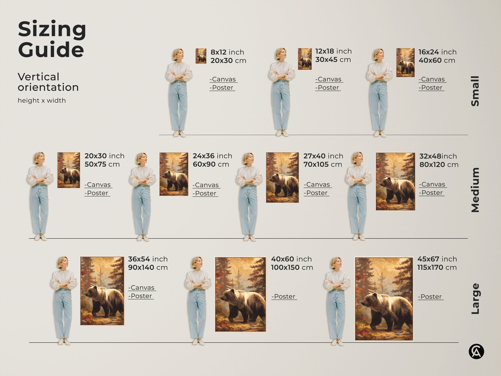 Sizing guide for bear in forest canvas art. Vertical orientation options include small medium and large sizes. Visualize the perfect fit for your rustic woodland wall art.