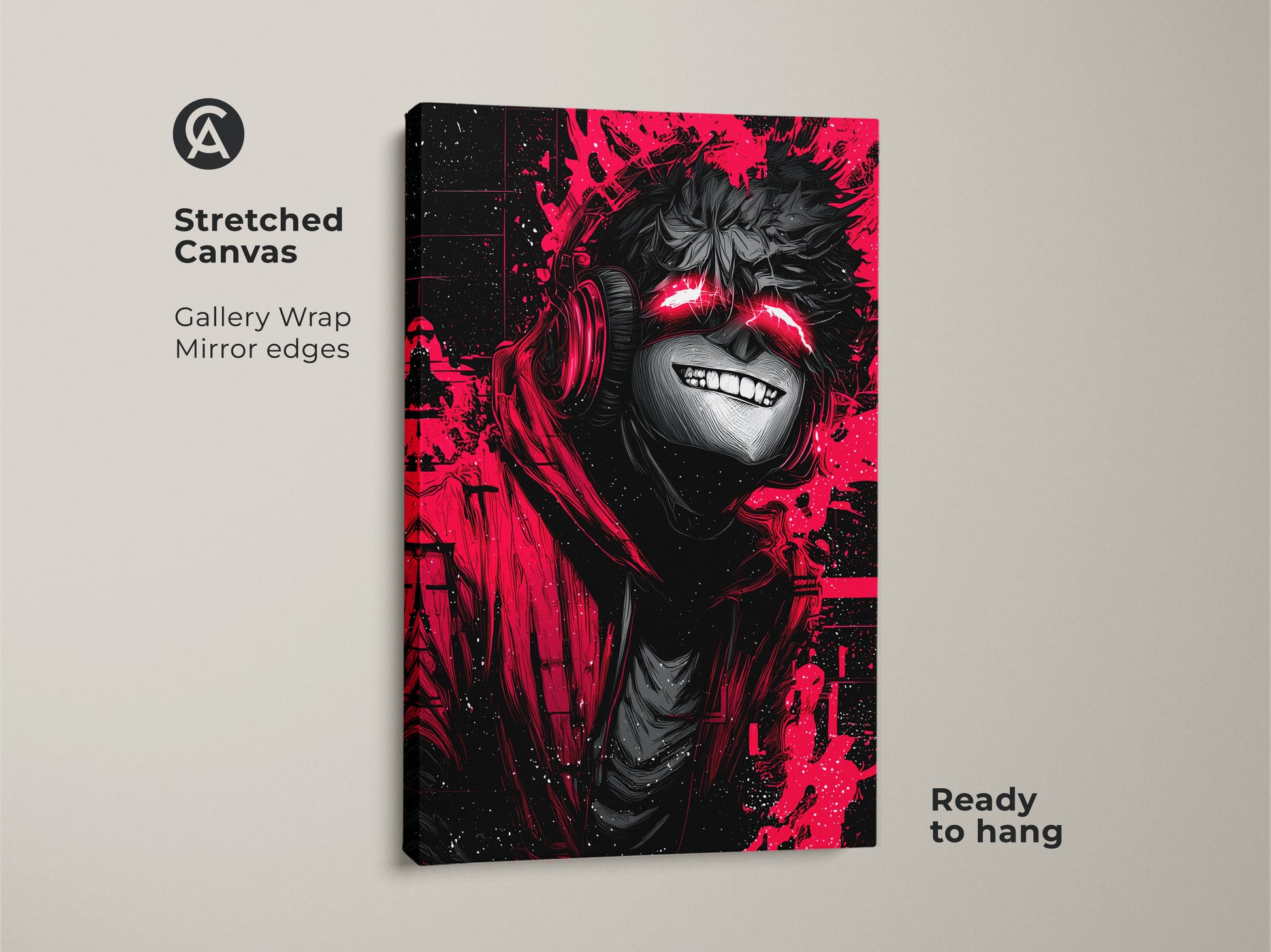Elevate your space with this edgy stretched canvas art. It showcases a captivating anime character with glowing red eyes. The art is ready to hang with mirror edges adding depth. This gallery-wrapped canvas will make a statement.