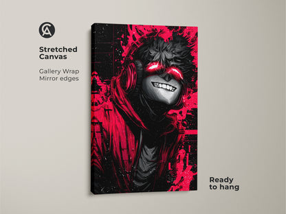 Elevate your space with this edgy stretched canvas art. It showcases a captivating anime character with glowing red eyes. The art is ready to hang with mirror edges adding depth. This gallery-wrapped canvas will make a statement.