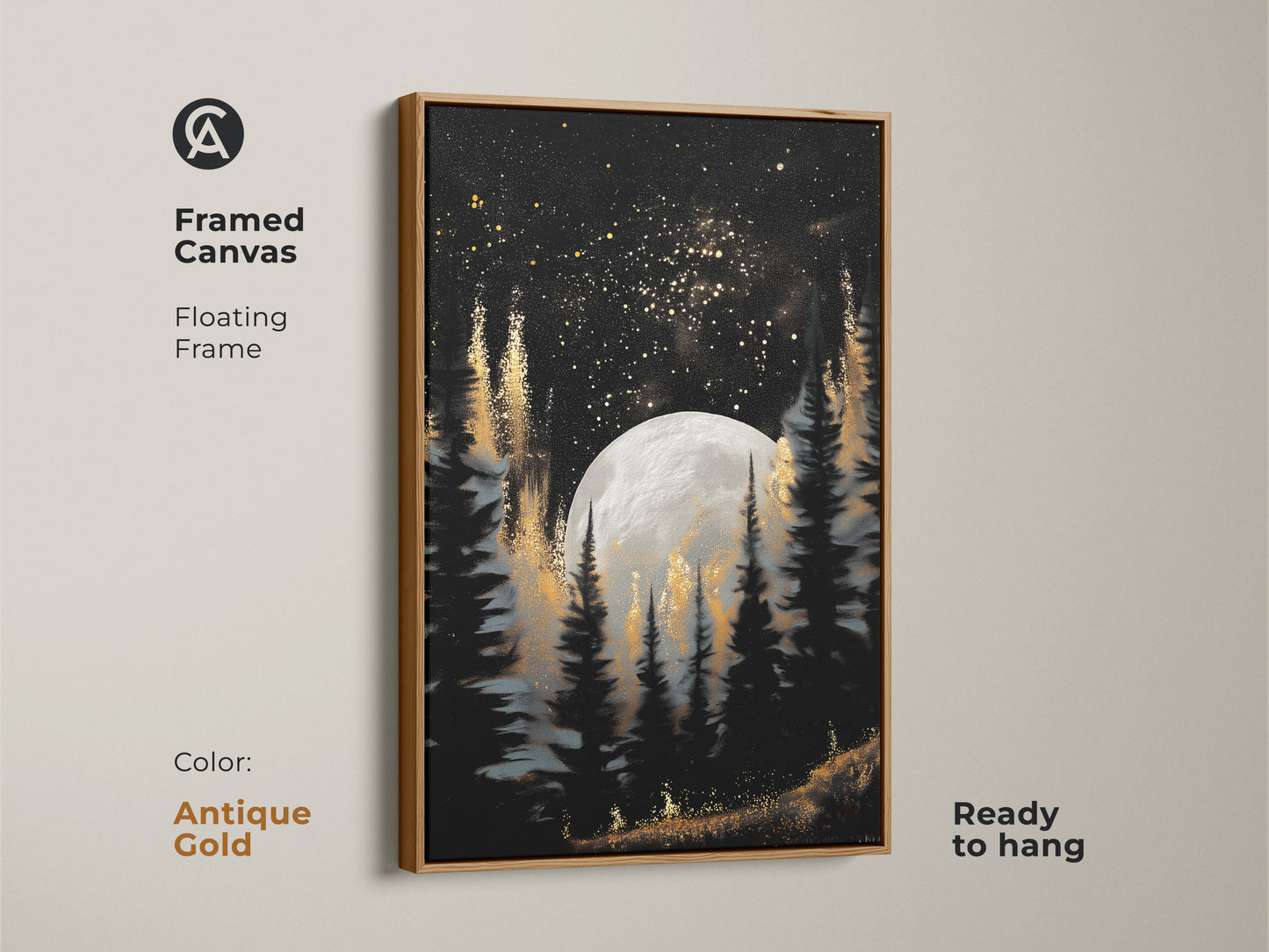 This framed canvas showcases a celestial moon and pine trees. The floating frame is in antique gold. It adds a touch of vintage charm to your decor. The gold galaxy forest artwork brings a mystical feel to any room. A great choice for eclectic and dark academia styles.