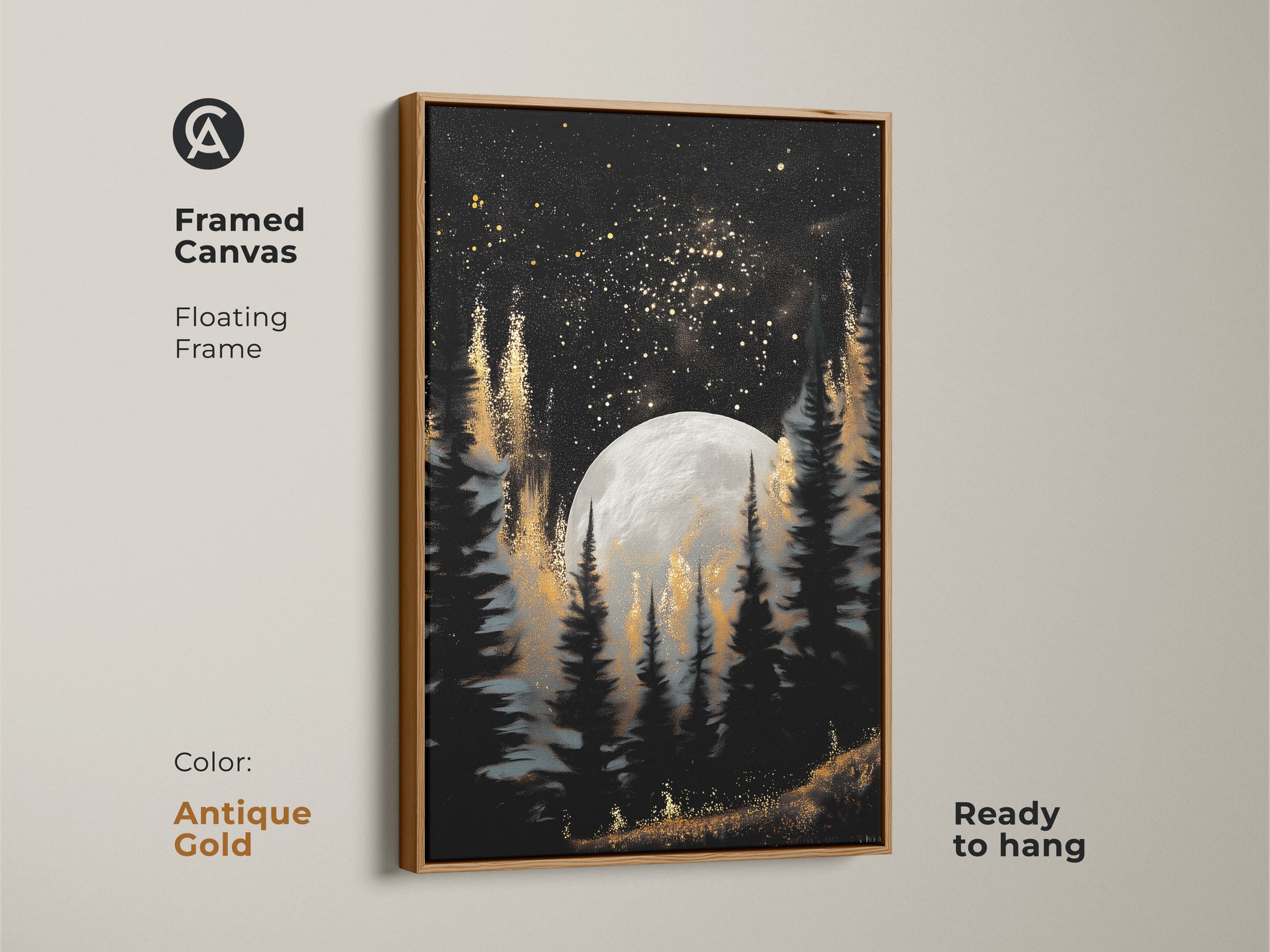 This framed canvas showcases a celestial moon and pine trees. The floating frame is in antique gold. It adds a touch of vintage charm to your decor. The gold galaxy forest artwork brings a mystical feel to any room. A great choice for eclectic and dark academia styles.
