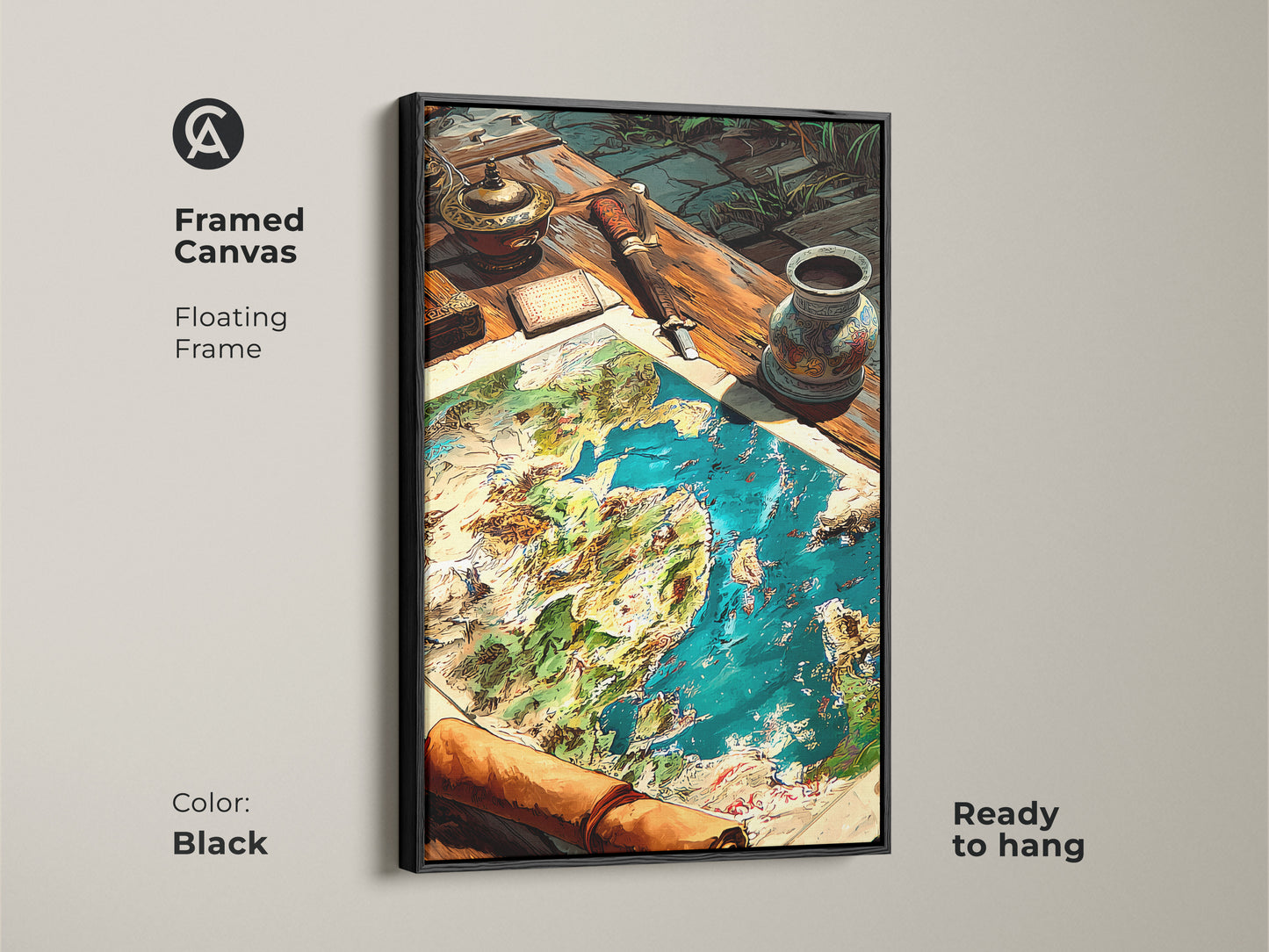 Framed canvas of a fantasy world map with a black floating frame. This ready-to-hang nautical map artwork enhances your decor. Find the perfect framed art to complement your home style today.