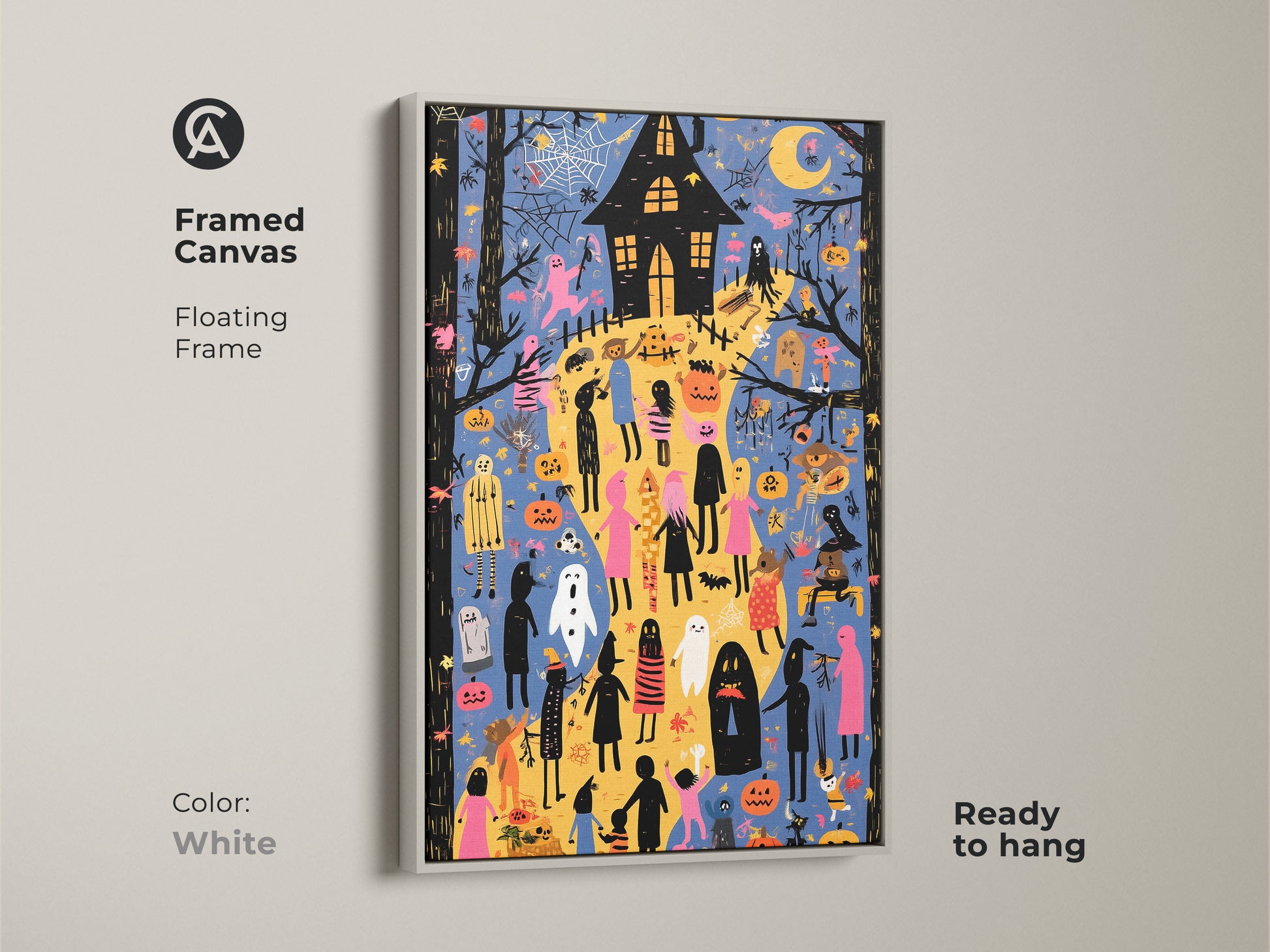 White Framed Spooky Cute Ghost Art. The art piece captures a haunted house scene with pumpkins and ghosts with vibrant colors. See the eclectic blue orange and yellow hues perfect for Halloween. Ideal for kids rooms this framed canvas adds a festive touch. Hang this unique Halloween wall art in your home.