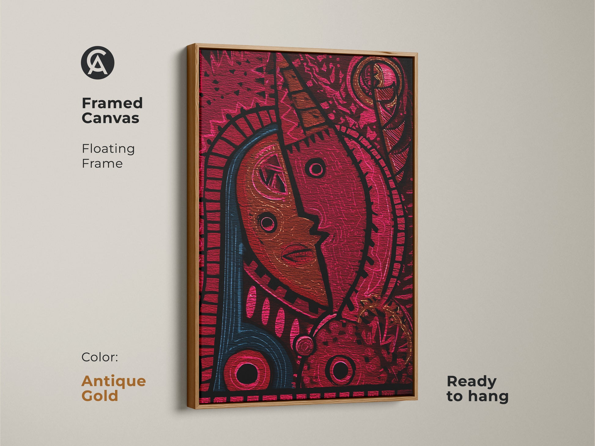 Antique gold framed canvas featuring a tribal face. The abstract artwork with red and blue creates a focal point. It's ready to hang and brings modern folk charm. Perfect as a present for art enthusiasts.