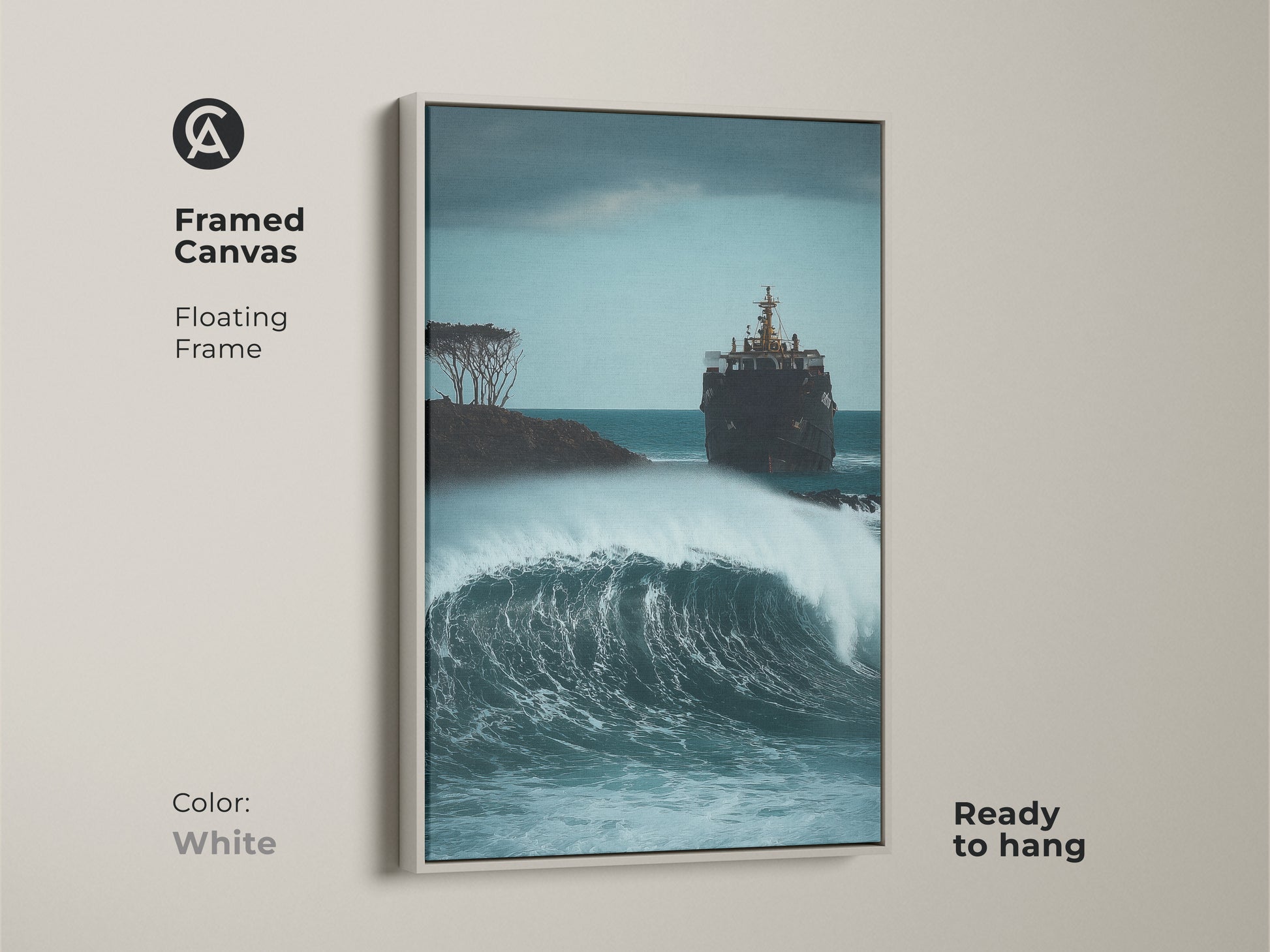A white framed canvas displays a marine life shipwreck art print. The deep blue and gray tones evoke a stormy sea. This nautical wall decor is ready to hang. It's perfect for a beach lover.