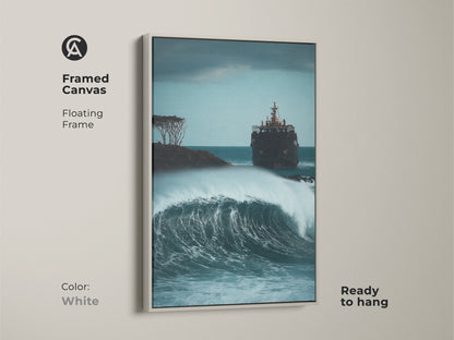 A white framed canvas displays a marine life shipwreck art print. The deep blue and gray tones evoke a stormy sea. This nautical wall decor is ready to hang. It's perfect for a beach lover.