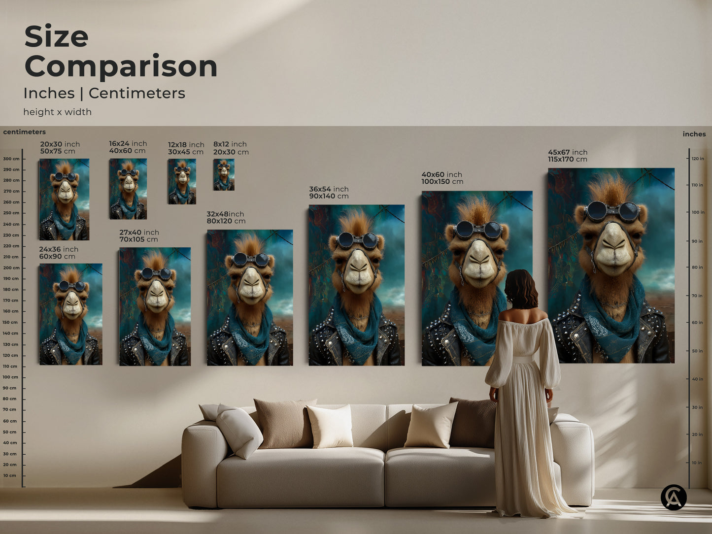 A size comparison featuring punk camel canvas prints in various sizes. See how the studded leather jacket art transforms a living space. Find the ideal scale for your rocker camel wall decor. Perfect for any bohemian wall art print.
