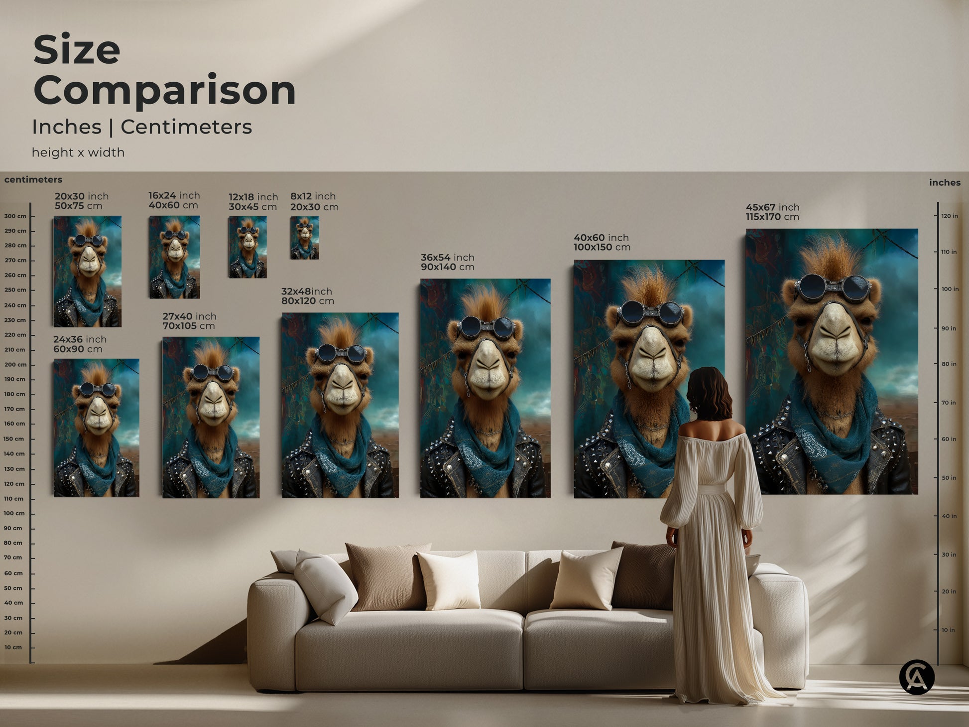 A size comparison featuring punk camel canvas prints in various sizes. See how the studded leather jacket art transforms a living space. Find the ideal scale for your rocker camel wall decor. Perfect for any bohemian wall art print.