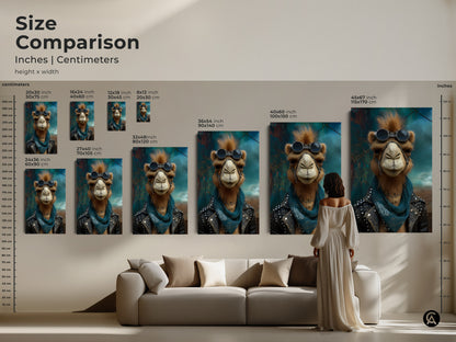 A size comparison featuring punk camel canvas prints in various sizes. See how the studded leather jacket art transforms a living space. Find the ideal scale for your rocker camel wall decor. Perfect for any bohemian wall art print.
