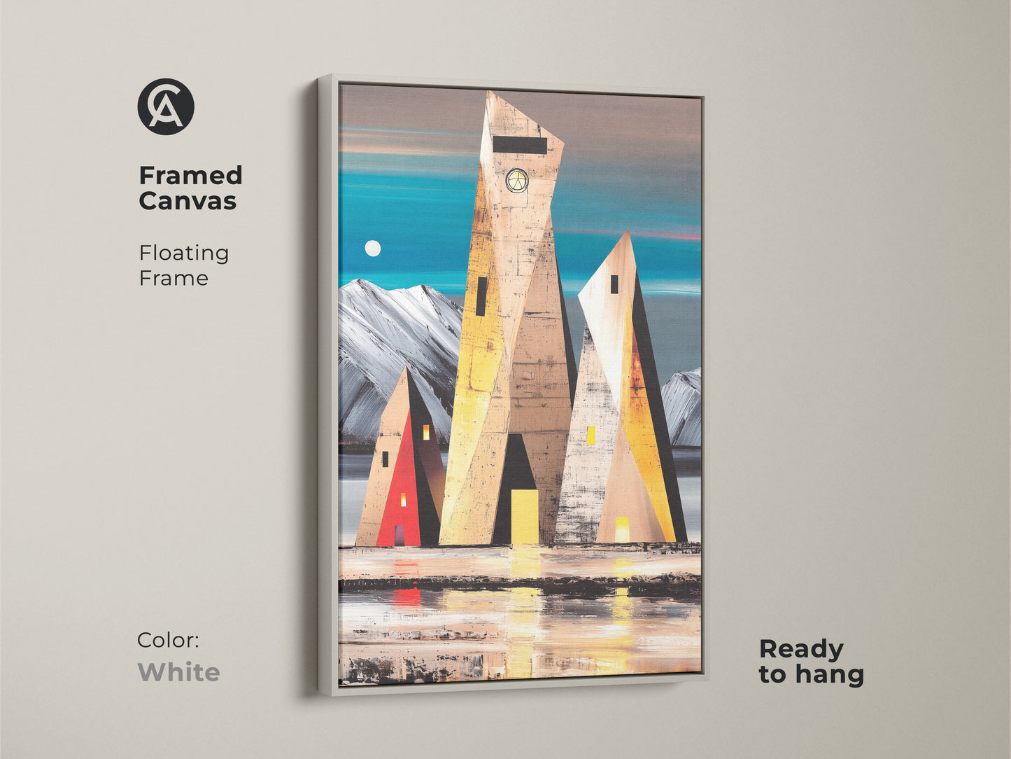 Geometric building art print in a white floating frame. Contemporary canvas art with teal brown yellow tones for modern spaces. Abstract landscape adds a unique touch to any living room.