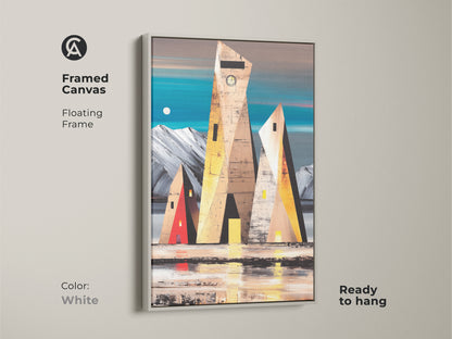 Geometric building art print in a white floating frame. Contemporary canvas art with teal brown yellow tones for modern spaces. Abstract landscape adds a unique touch to any living room.
