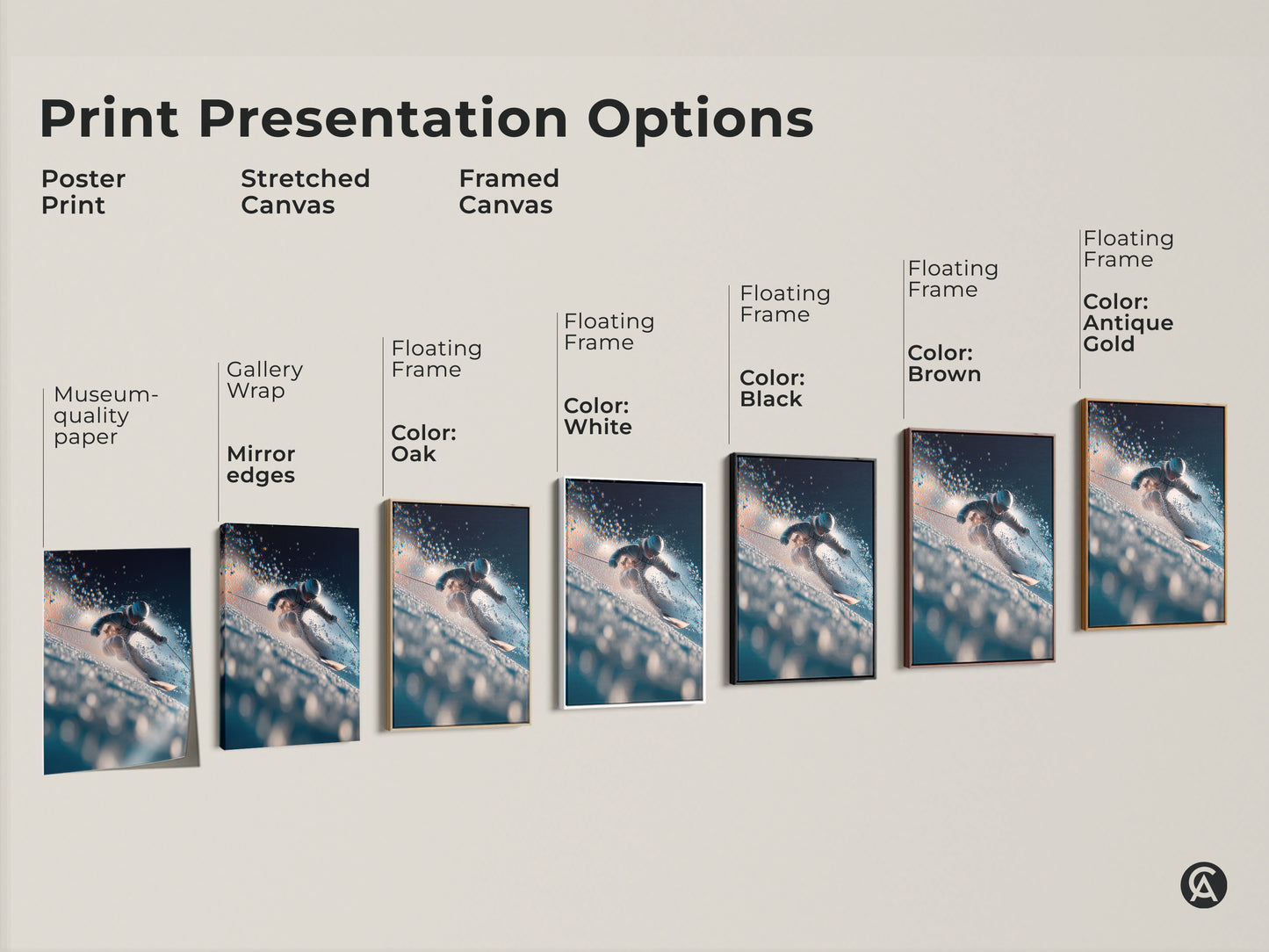 Explore print presentation options with this skier artwork. Choose from poster prints to stretched canvas and framed canvas. Find the perfect style for your space. Museum-quality paper and mirror edges available.