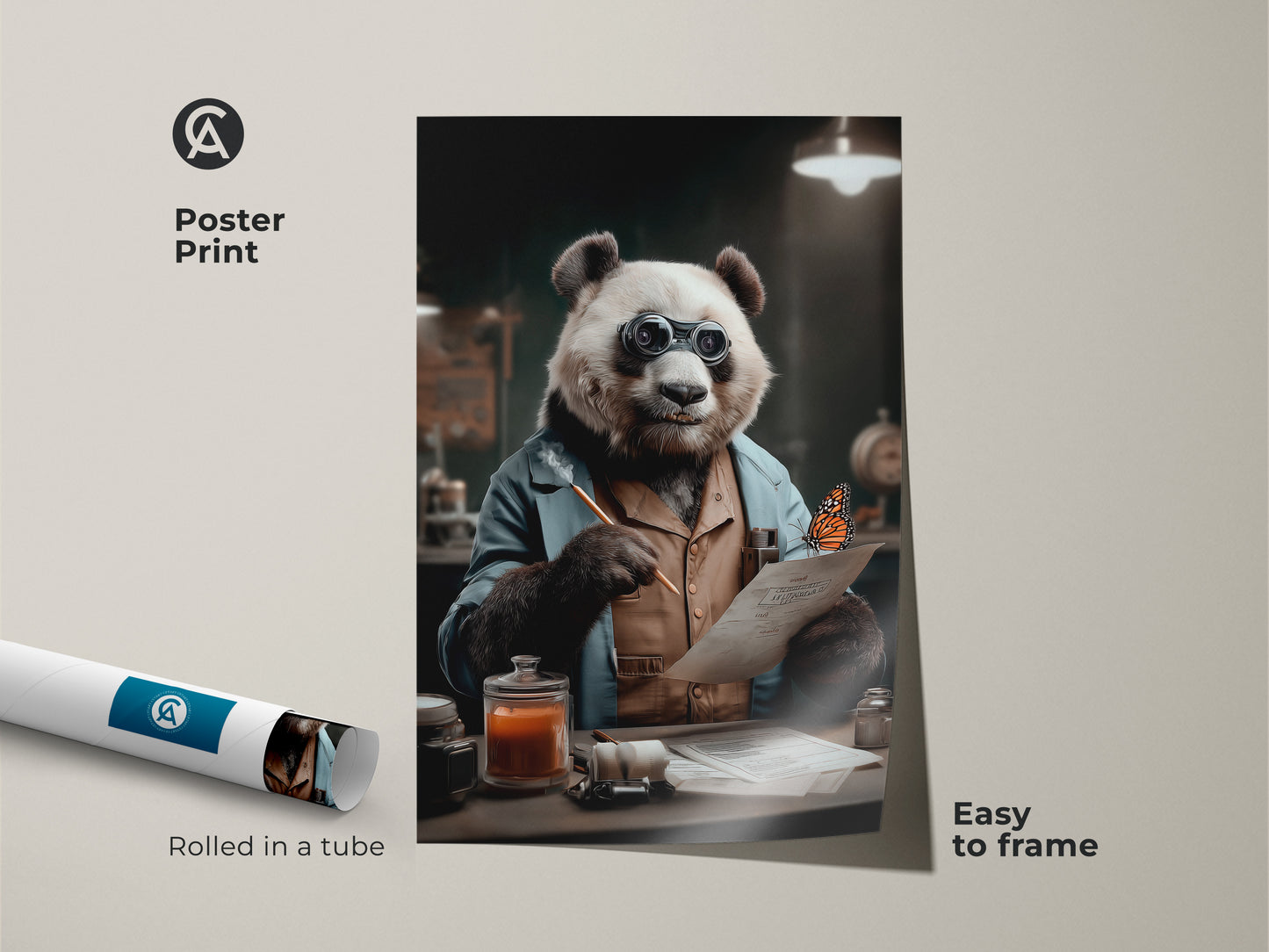 This is a poster print of a panda scientist. The artwork is rolled in a tube. It is easy to frame. This surreal animal canvas print features anthropomorphic art. It could be used as office decor or a birthday gift for animal lovers.