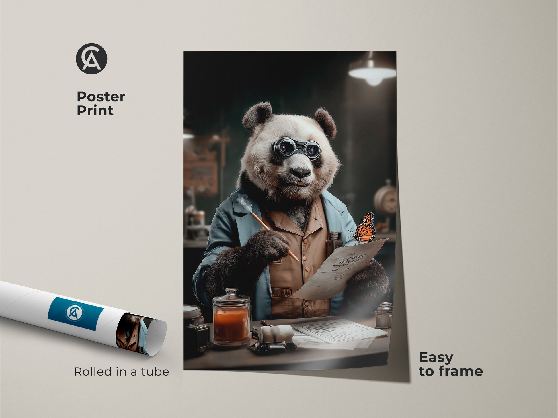 This is a poster print of a panda scientist. The artwork is rolled in a tube. It is easy to frame. This surreal animal canvas print features anthropomorphic art. It could be used as office decor or a birthday gift for animal lovers.